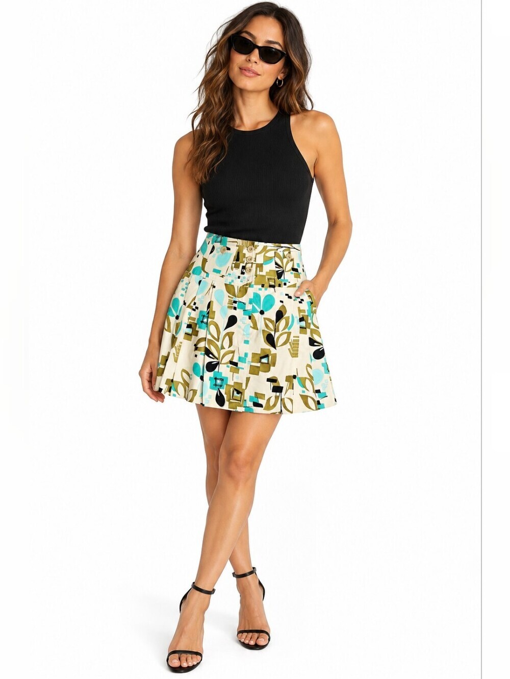 Etcetera Pleated Abstract Print Cotton A-Line Skirt Retro Mod Size 0